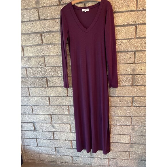 Michael Stars Ribbed Long Sleeve Maxi Dress In Plum V-Neck Soft Stretch Knit Tim - Picture 1 of 6